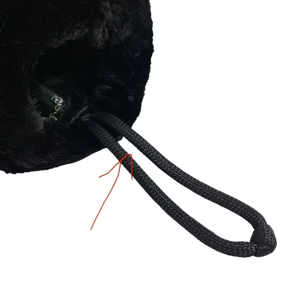Black Faux Fur Hand Warmer Muff Satin Lining Wrist Strap For Winter Zip Pocket